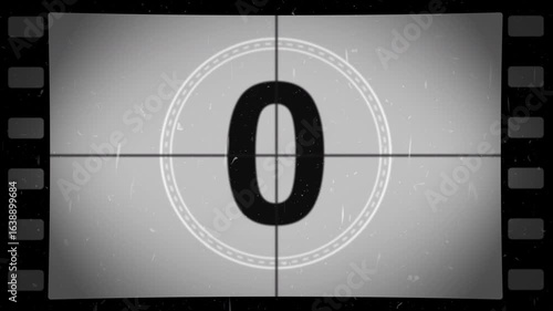 Old film countdown 5 to 0 in grey color. Vintage defocused movie look, flicker, grain and scratches effect. 4K animation.
