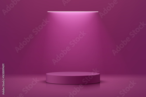 3D purple round product podium with ceiling neon lighting background. Abstract geometric composition in minimalist design. Studio display showroom stands pedestal, Fashion stage showcase mockup scene.
