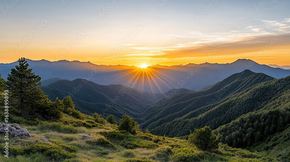Obraz premium Breathtaking mountain landscape at sunset with vibrant sun rays illuminating peaks