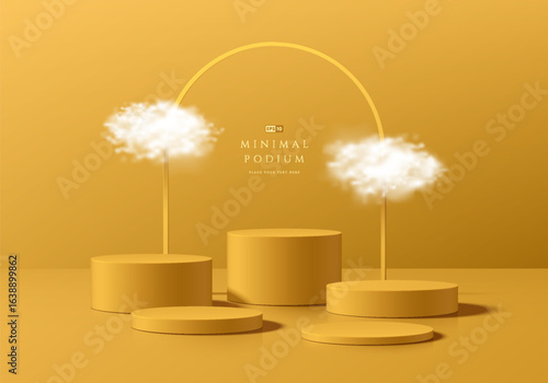 3D yellow round product podium background with floating cloud, Arch frame backdrop. Abstract composition minimalist design. Studio display showroom stands pedestal, Fashion stage showcase mockup scene