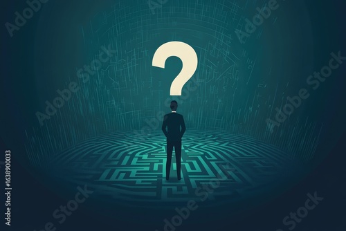 A businessman stands at a maze's center, a large question mark hovering above him within a swirling, data-like background, symbolizing uncertainty and decision-making