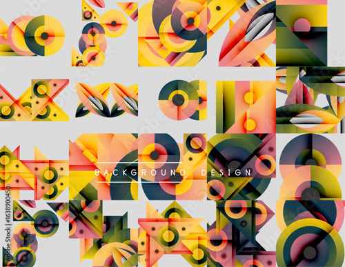 Abstract geometric patterns, vibrant colors, modern design elements. Composition features circles, triangles, squares, overlapping shapes.