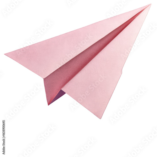 A single pink paper airplane crafted from textured paper angled in a flight pose.