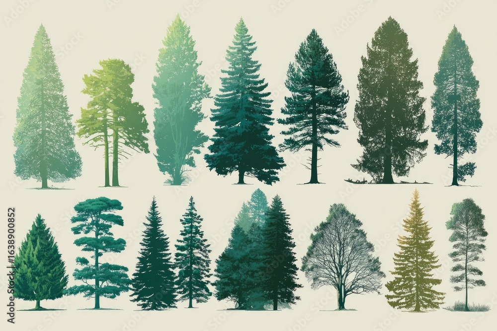 Obraz premium Various trees in a forest, detailed silhouettes and gradients, displayed on light beige background