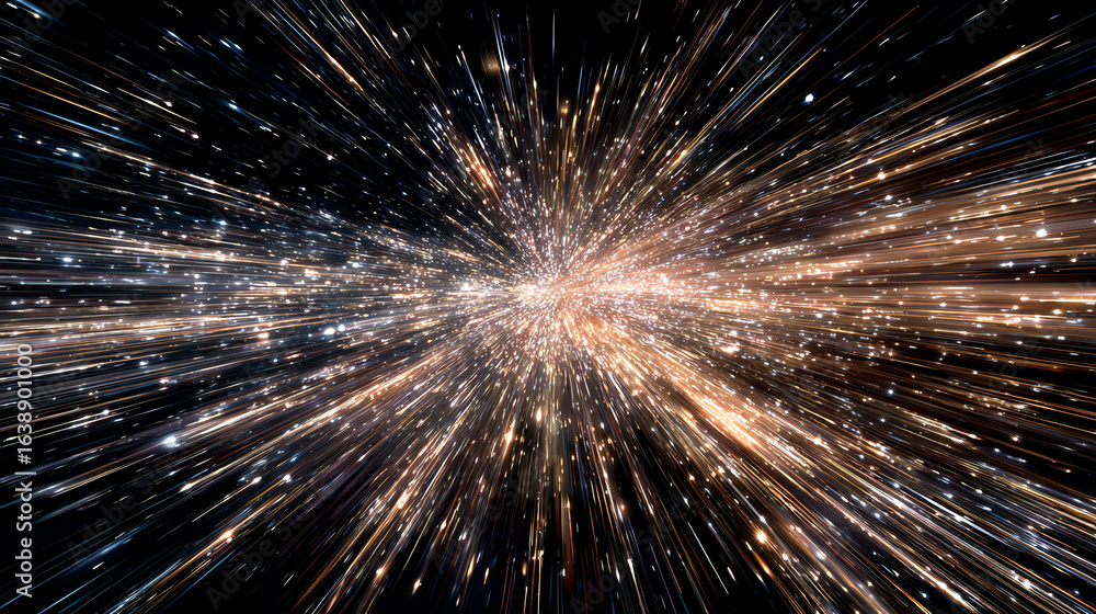 Obraz premium Abstract representation of cosmic explosion, showcasing vibrant light beams and stellar particles in a vast universe.