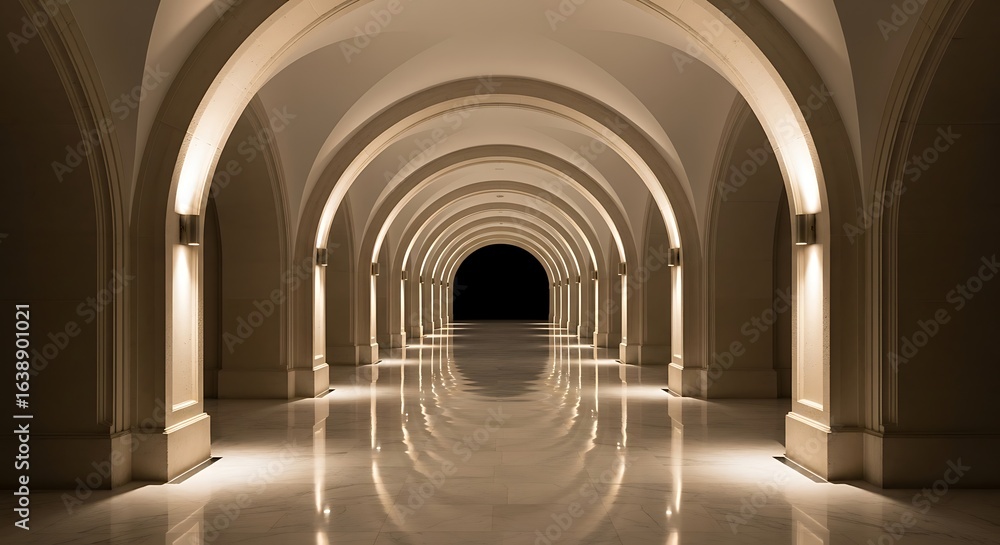 Obraz premium Empty hallway with arch ceiling and marble floors