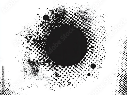 Abstract black and white graphic design with circular halftone and grunge texture.  A solid black circle is centered within a radial pattern of splatters and halftone dots