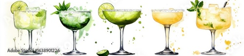 Wallpaper Mural Watercolor illustration of five different cocktails in elegant glasses with lime slices, mint leaves, and ice cubes on a white background with colorful splashes Torontodigital.ca