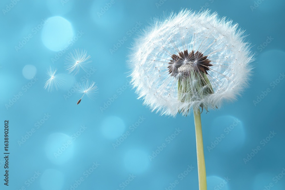 Obraz premium Dandelion seeds fly on blue background with light leaks and bokeh. Use for nature, spring, hope, dreams, or a minimalist design.