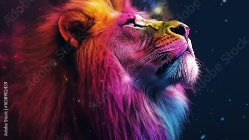 Colorful Lion with Majestic Gaze, and Night Sky.