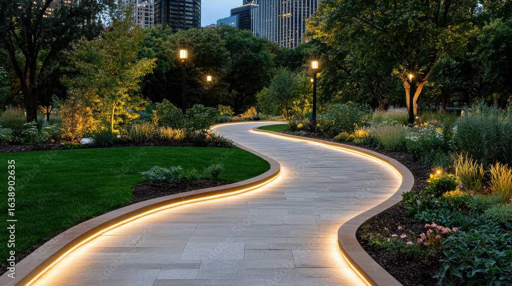 Fototapeta premium Winding pathway through city park, illuminated by soft lights, creates serene atmosphere at dusk