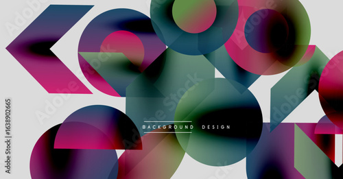Abstract geometric shapes overlap, creating vibrant color blends. Modern design features translucent circles, triangles, gradients.