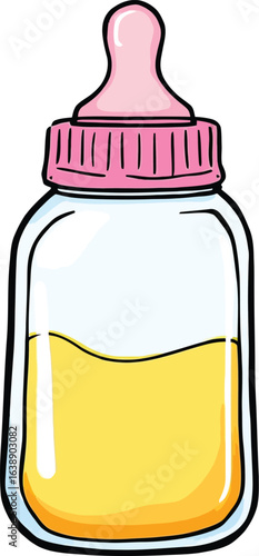 Pink Baby Bottle Filled with Yellow Liquid – Essential Infant Feeding Illustration for Parenting Resources, Nursery Decor, and Baby Care Educational Materials