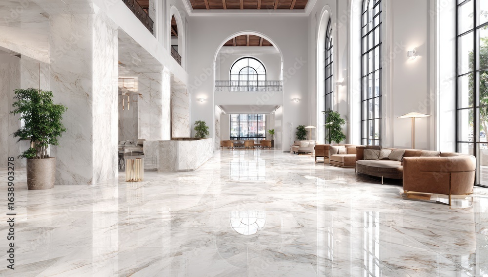 Fototapeta premium Luxurious hotel lobby interior design, marble floor, city view