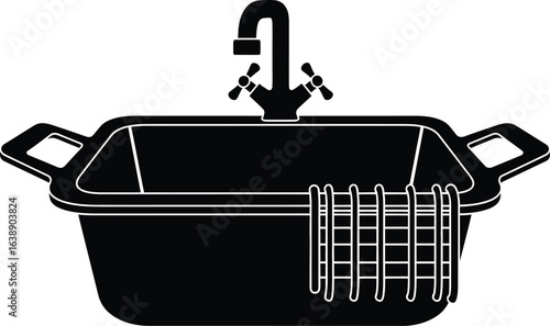 Silhouette of sink with faucet, a plumbing fixture for washing and cleaning, featuring a basin, tap and towel rack for kitchen or bathroom use
