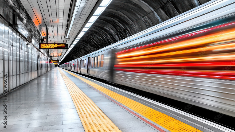 Obraz premium Subway train rushes through tunnel, creating dynamic motion blur effect. empty platform