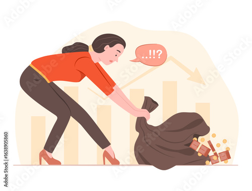 Businesswoman Dragging a Ripped Money Bag and Losing Money Bundle with Coins Spilling Out for Bankruptcy, Financial Crisis and Recession Concept Illustration Clip Art 