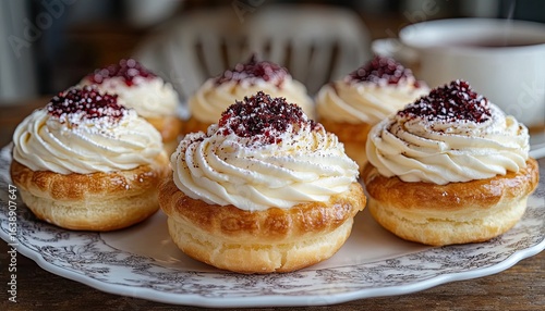 Wallpaper Mural Golden pastries topped with cream, sprinkled with red and brown crumbs. Use for blog posts about food, desserts, or afternoon tea themes. Torontodigital.ca