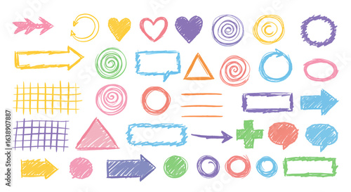 Colorful hand-drawn shapes and arrows, perfect for design elements.