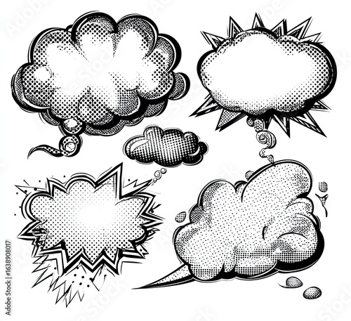 Set of six stylized comic book speech and thought bubbles.  Each bubble has a textured, halftone pattern, conveying depth and visual interest.  
