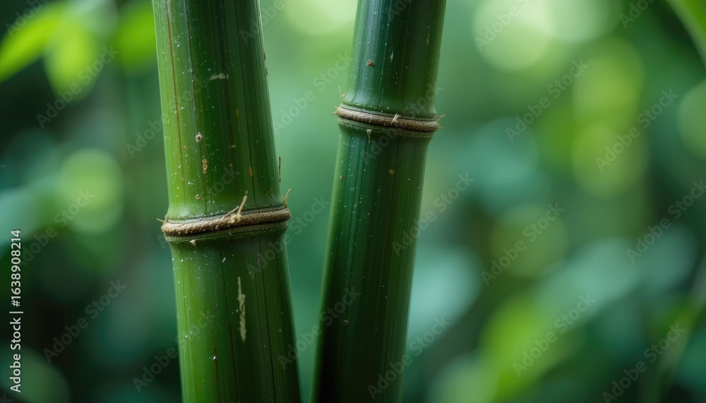 Obraz premium Vibrant green bamboo stalks create a serene natural backdrop with soft, blurred foliage for a peaceful atmosphere.