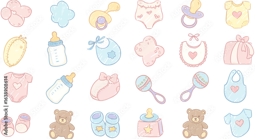 Fototapeta premium Adorable pastel baby items collection: clothing, toys, and feeding essentials.