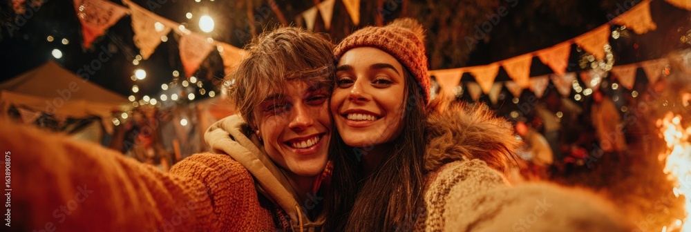 Fototapeta premium Authentic Young Couple Autumn Outdoor Selfie Premium Cozy Lifestyle Content for Millennials Social Media and Marketing Campaigns with Warm Emotional Vibes