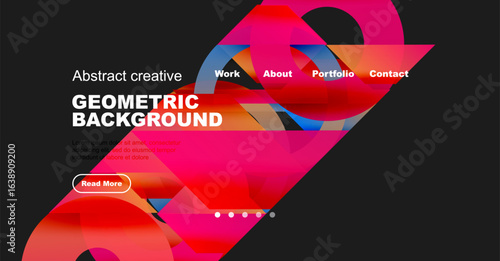 Abstract geometric background features vibrant pinks, blues, text elements. Website header design with navigation options present. Modern style.