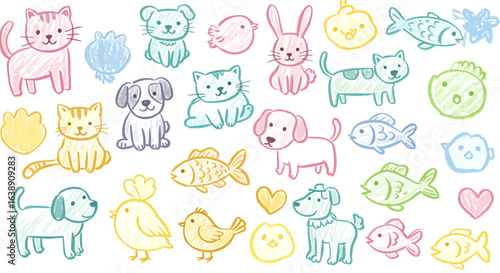 Colorful crayon-style drawings of various cute pets and animals, including cats, dogs, rabbits, birds, and fish.