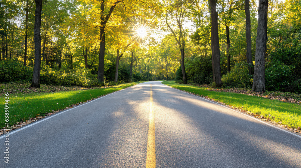 Fototapeta premium Serene road lined with trees showcases vibrant autumn colors, illuminated by warm sunlight