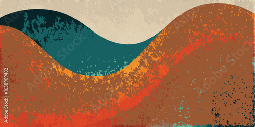 Textured abstract wavy hills in earthy tones of brown, orange, and teal with a cream sky