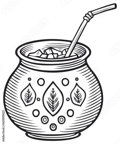 Traditional Yerba Mate Gourd Drink with Straw Black and White Engraving Illustration