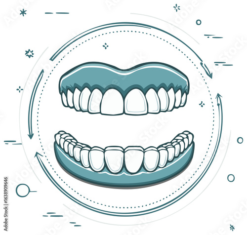 Dental Prosthetics Illustration: Full Dentures for Edentulous Patients with Arrows and Decorative Elements