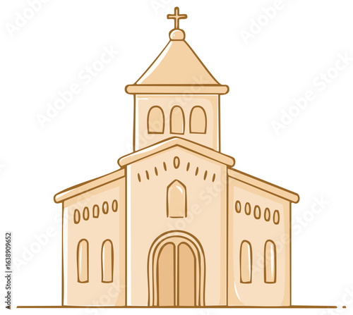 Illustration of a church building with a cross on top, Cartoonish simple architecture style