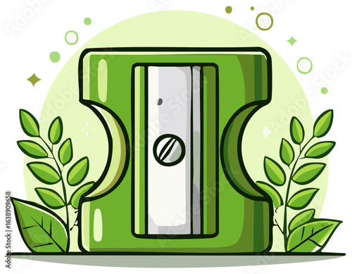 Illustration of a green pencil sharpener with leaf elements and decorative elements