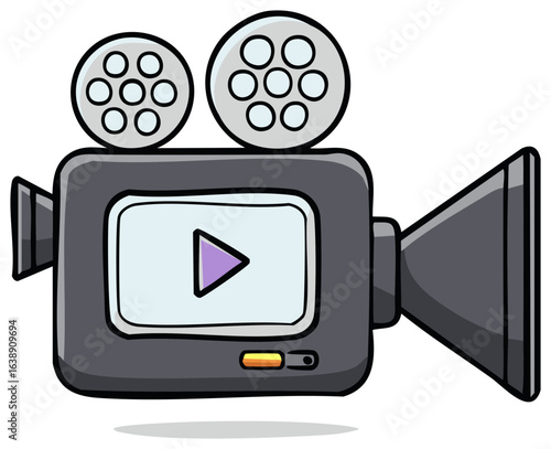 Vintage video camera illustration with play icon, film reels, creative media icon