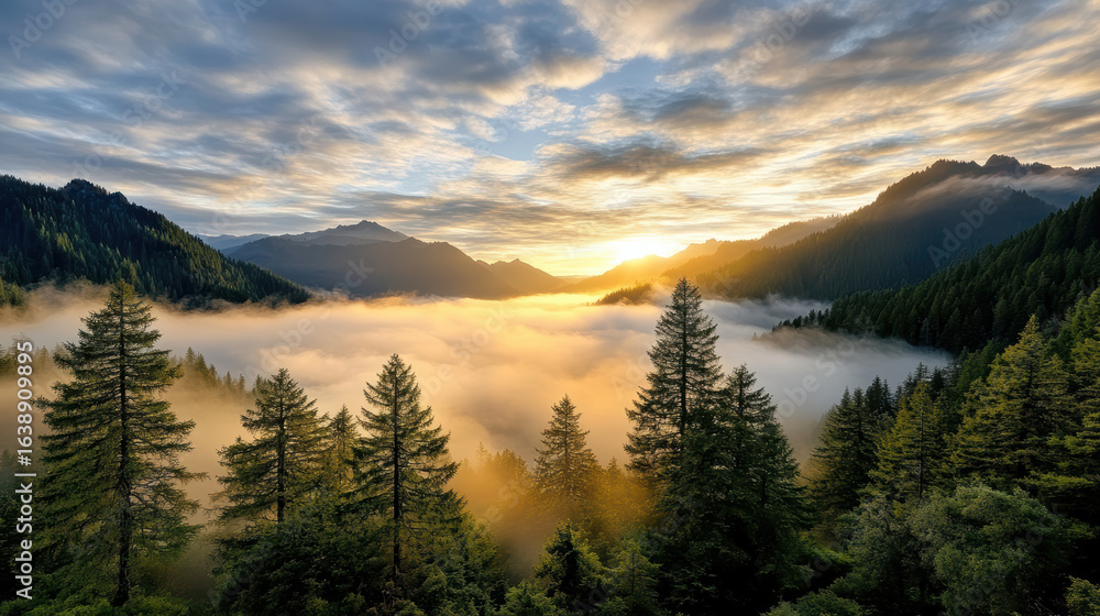 Obraz premium Majestic sunrise over misty forest landscape, showcasing towering trees and rolling fog