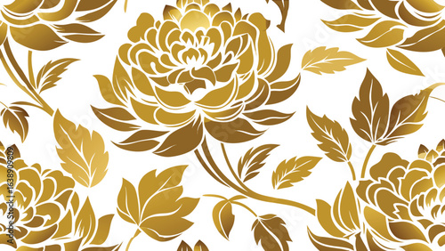 Golden floral pattern with peony flowers and leaves on white background vector