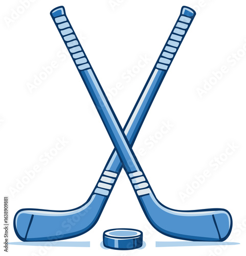 Crossed hockey sticks with puck, illustration for winter sport, equipment, gear, recreation, game, competition