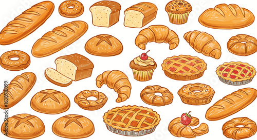 Colorful illustration of various baked goods, including bread, pastries, and pies.