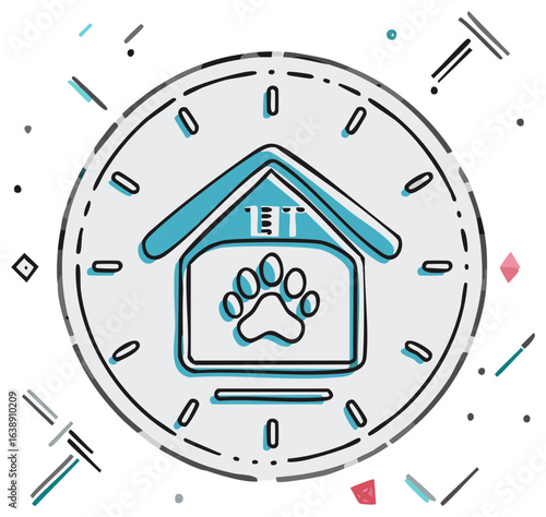 Stylized Paw Print Inside Dog House Icon with Clock Elements