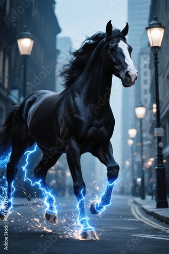 Majestic Black Horse Running Through Urban Street Surrounded by Vintage Lamp Posts with Lightning Effects in a Mystical Night Scene