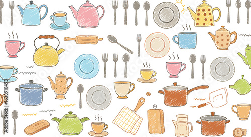Colorful hand-drawn illustration of various kitchen utensils and tableware.