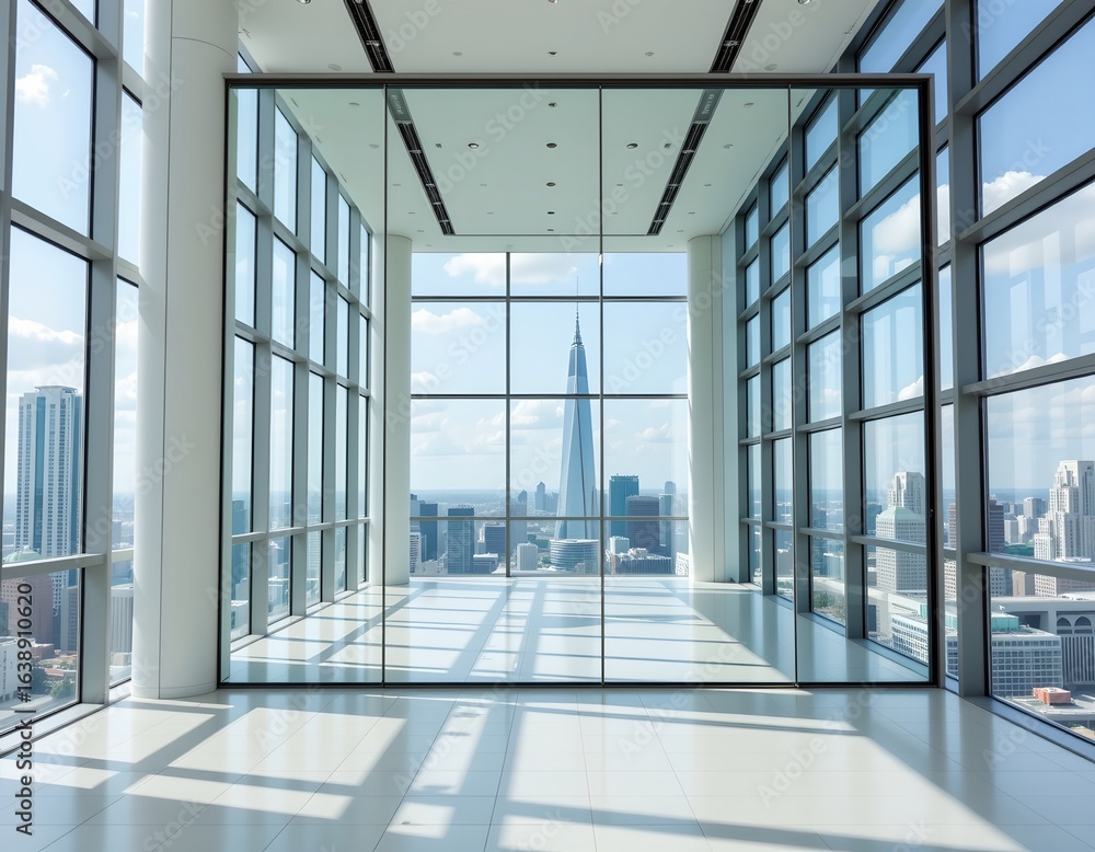 Fototapeta premium Futuristic Minimalist Interior with City Skyline View
