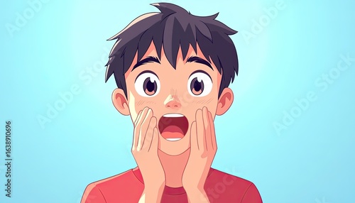 Young anime boy with wide eyes and open mouth expressing surprise. Use to illustrate shock, amazement, or a sudden realization concept.