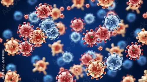 Colorful Virus-Like Particles Floating in a Deep Blue Background Under High Magnification Microscope View