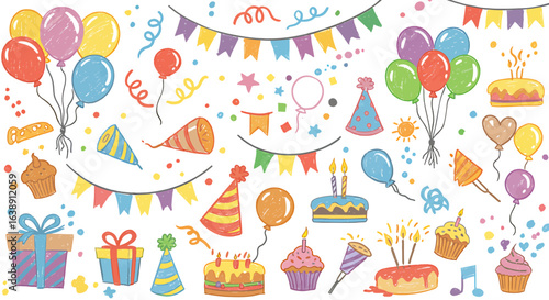 Colorful collection of hand-drawn party supplies, including balloons, streamers, cakes, and hats.