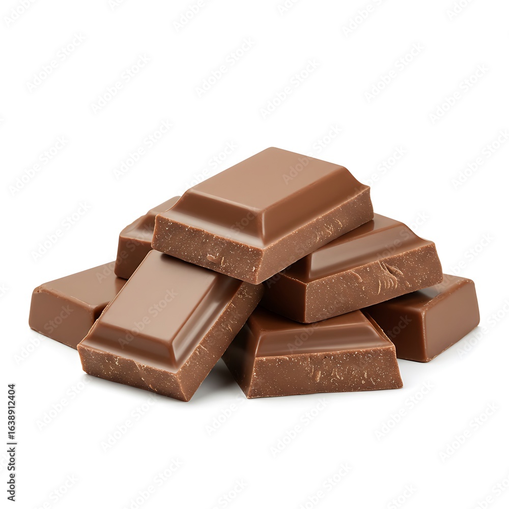 A pile of milk chocolate squares stacked on a white surface, casting a soft shadow. A pile of milk chocolate squares stacked on a white surface, casting a soft shadow.