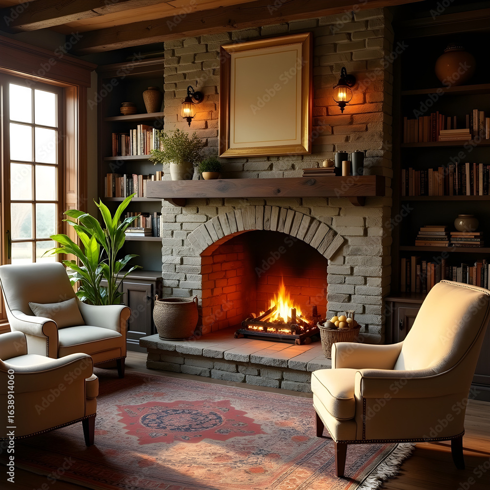 Fototapeta premium A warm, inviting living room with a crackling fireplace, surrounded by plush armchairs and bookshelves. The style is rustic with a touch of farmhouse chic. Soft, golden hour light streams through a la