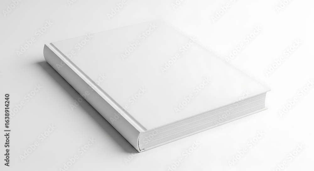 Fototapeta premium A single closed hardcover book with a blank white cover and spine, isolated on a white surface.